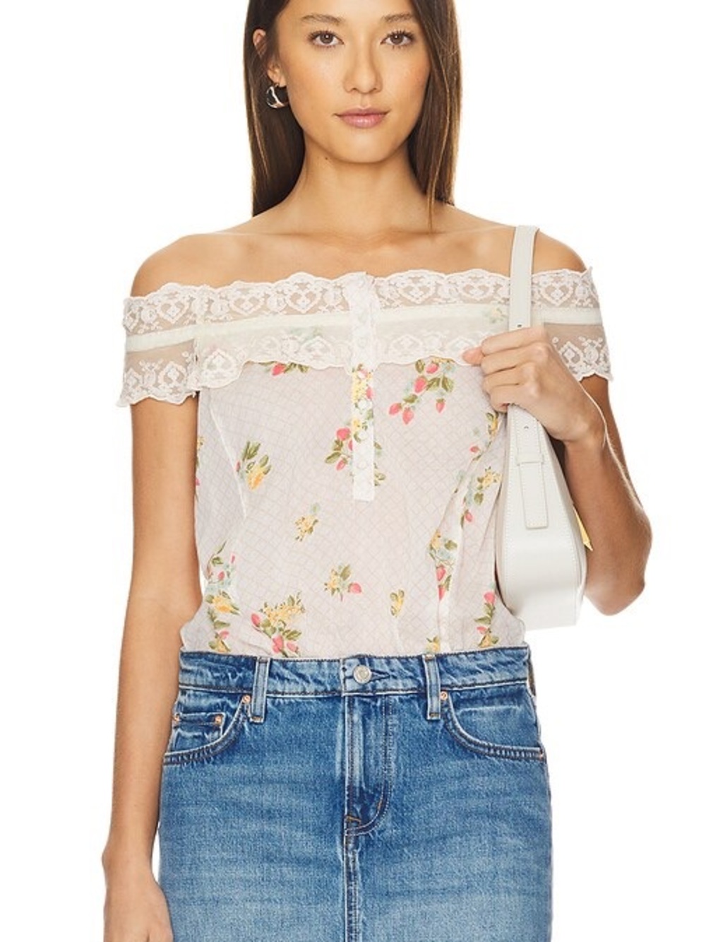 Free People Cream Floral Off-Shoulder Lace Bodysuit